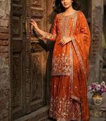 orange color embroidery sequin work silk blend kurti sharara set