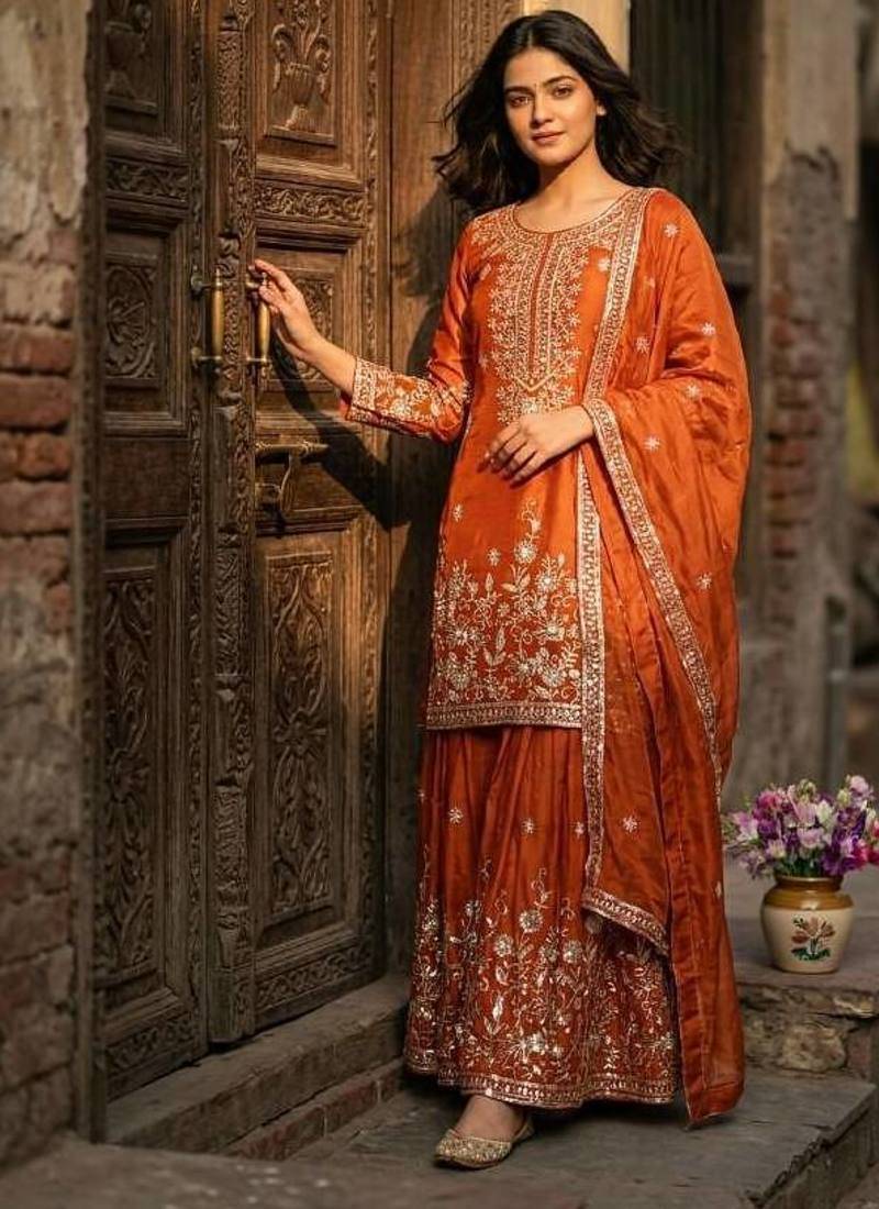 orange color embroidery sequin work silk blend kurti sharara set