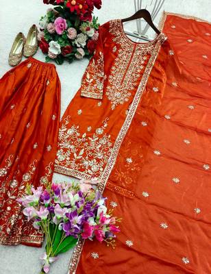 orange color embroidery sequin work silk blend kurti sharara set 2