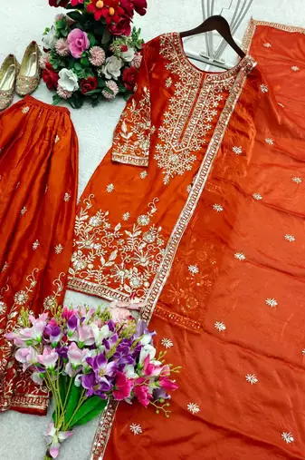 orange color embroidery sequin work silk blend kurti sharara set