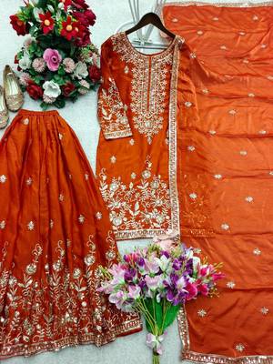 orange color embroidery sequin work silk blend kurti sharara set 3