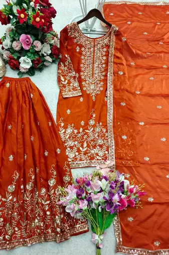 orange color embroidery sequin work silk blend kurti sharara set