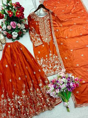 orange color embroidery sequin work silk blend kurti sharara set 4