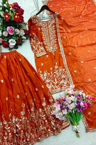 orange color embroidery sequin work silk blend kurti sharara set