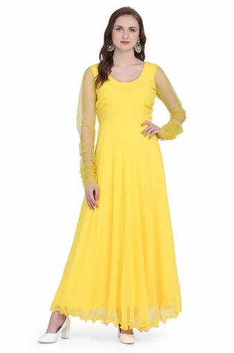 Radiant yellow georgette long kurti with sheer net sleeves