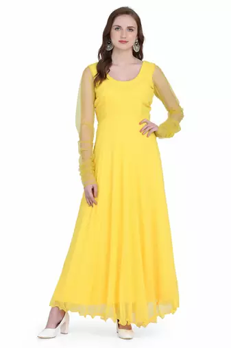 Radiant yellow georgette long kurti with sheer net sleeves