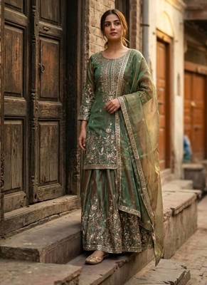 sea green color embroidery sequin work silk blend kurti sharara set 1
