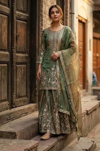 sea green color embroidery sequin work silk blend kurti sharara set