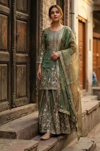 sea green color embroidery sequin work silk blend kurti sharara set