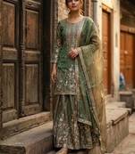 sea green color embroidery sequin work silk blend kurti sharara set
