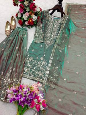 sea green color embroidery sequin work silk blend kurti sharara set 2
