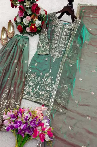 sea green color embroidery sequin work silk blend kurti sharara set