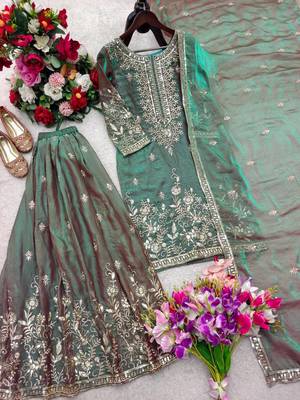 sea green color embroidery sequin work silk blend kurti sharara set 3