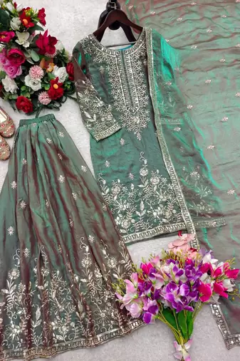 sea green color embroidery sequin work silk blend kurti sharara set