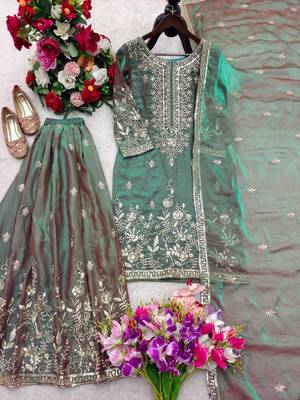 sea green color embroidery sequin work silk blend kurti sharara set 4