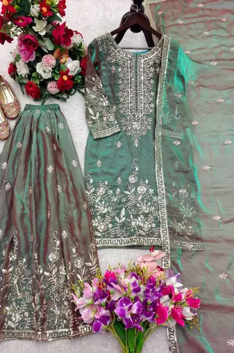 sea green color embroidery sequin work silk blend kurti sharara set