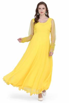 Radiant yellow georgette long kurti with sheer net sleeves 2