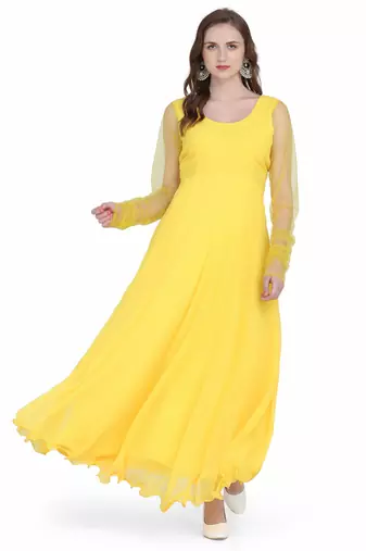 Radiant yellow georgette long kurti with sheer net sleeves