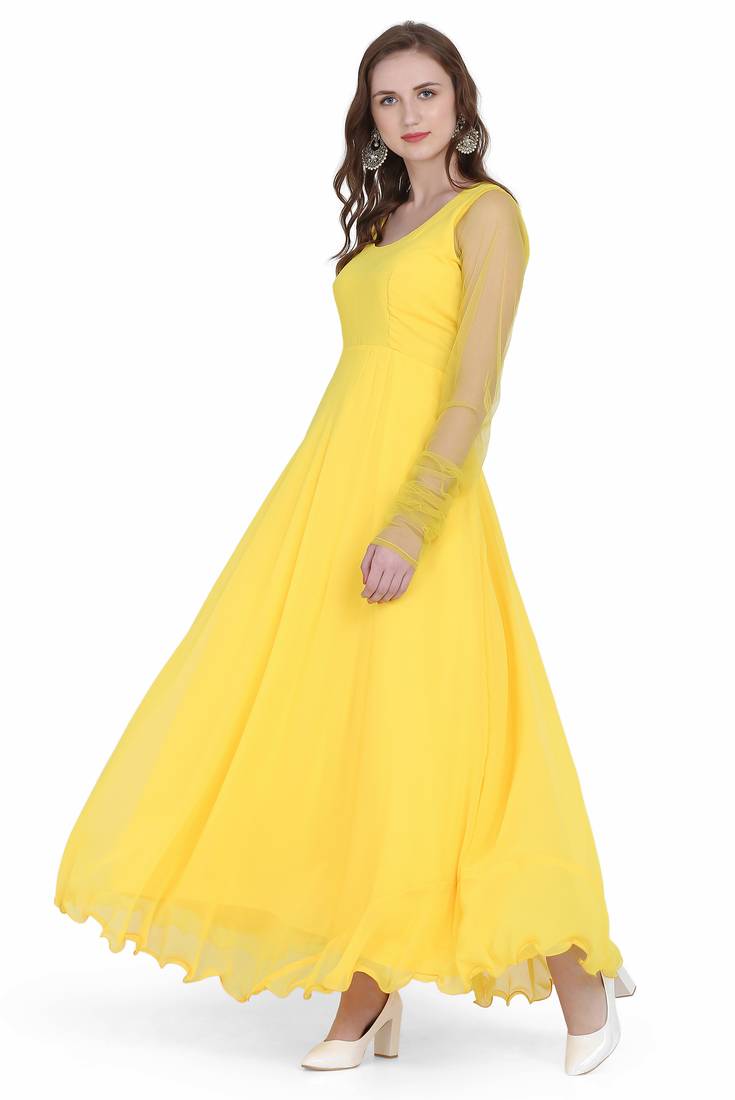 Radiant yellow georgette long kurti with sheer net sleeves