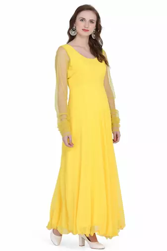 Radiant yellow georgette long kurti with sheer net sleeves