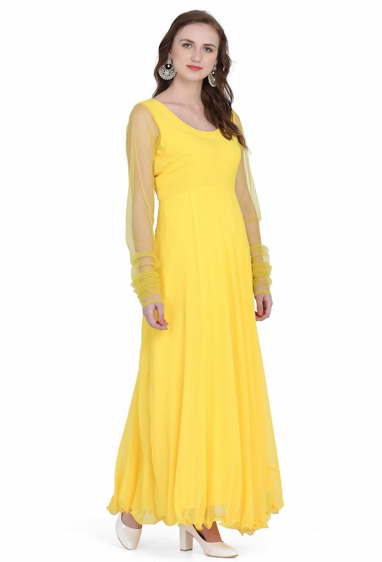 Radiant yellow georgette long kurti with sheer net sleeves