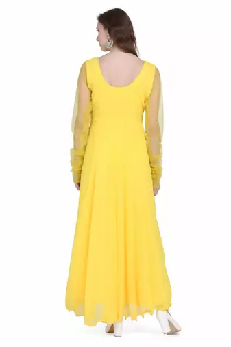 Radiant yellow georgette long kurti with sheer net sleeves