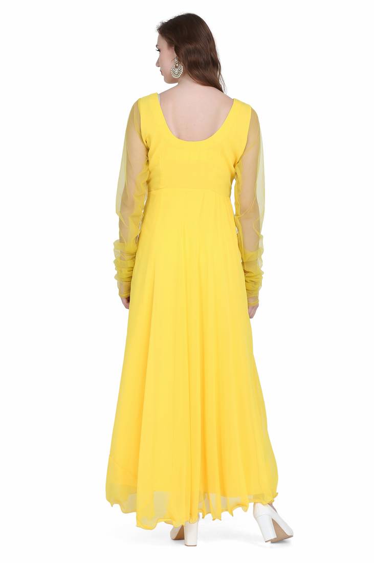 Radiant yellow georgette long kurti with sheer net sleeves