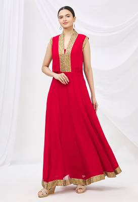 Red georgette anarkali dress with golden churidar 1