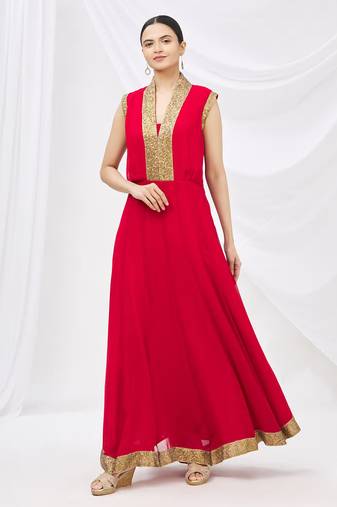 Red georgette anarkali dress with golden churidar