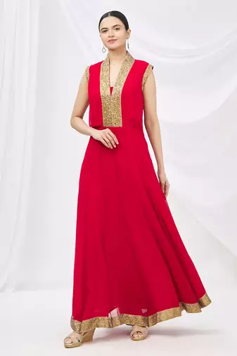 Red georgette anarkali dress with golden churidar