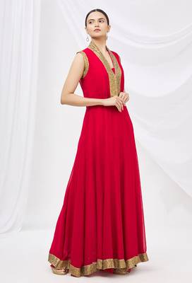 Red georgette anarkali dress with golden churidar 2