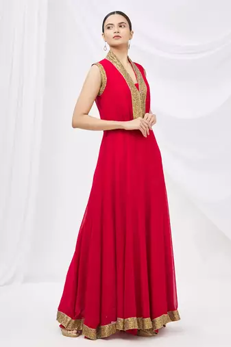 Red georgette anarkali dress with golden churidar