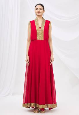Red georgette anarkali dress with golden churidar 3
