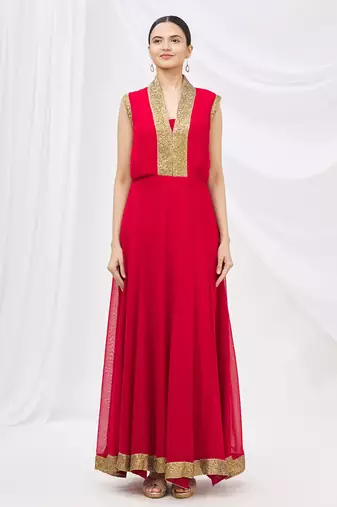 Red georgette anarkali dress with golden churidar
