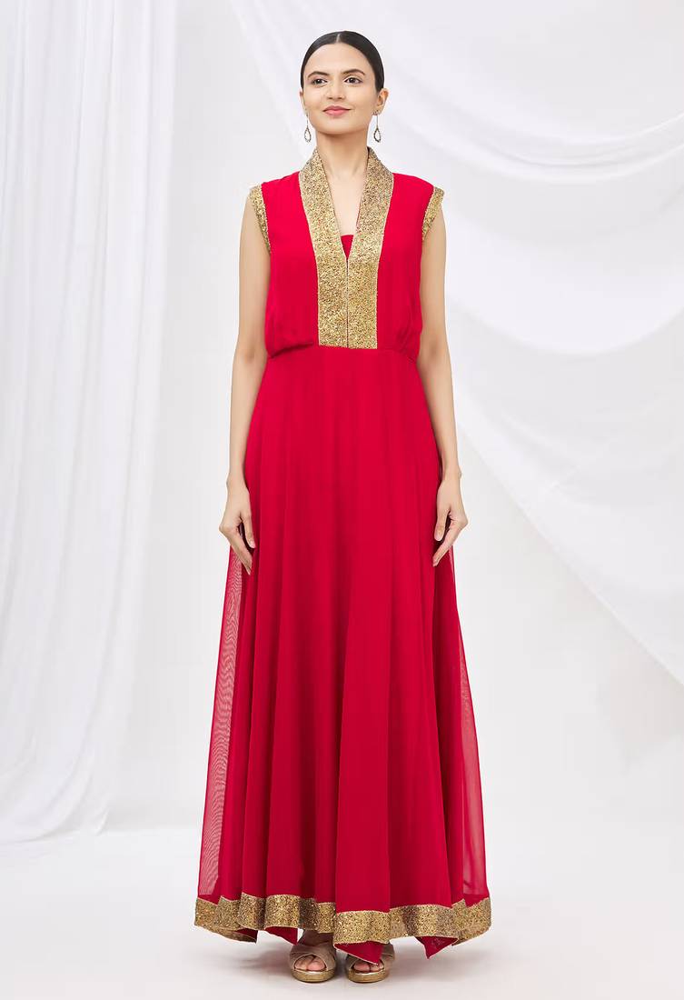 Red georgette anarkali dress with golden churidar