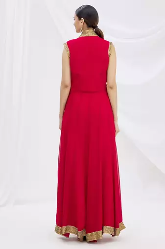 Red georgette anarkali dress with golden churidar