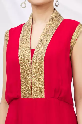 Red georgette anarkali dress with golden churidar