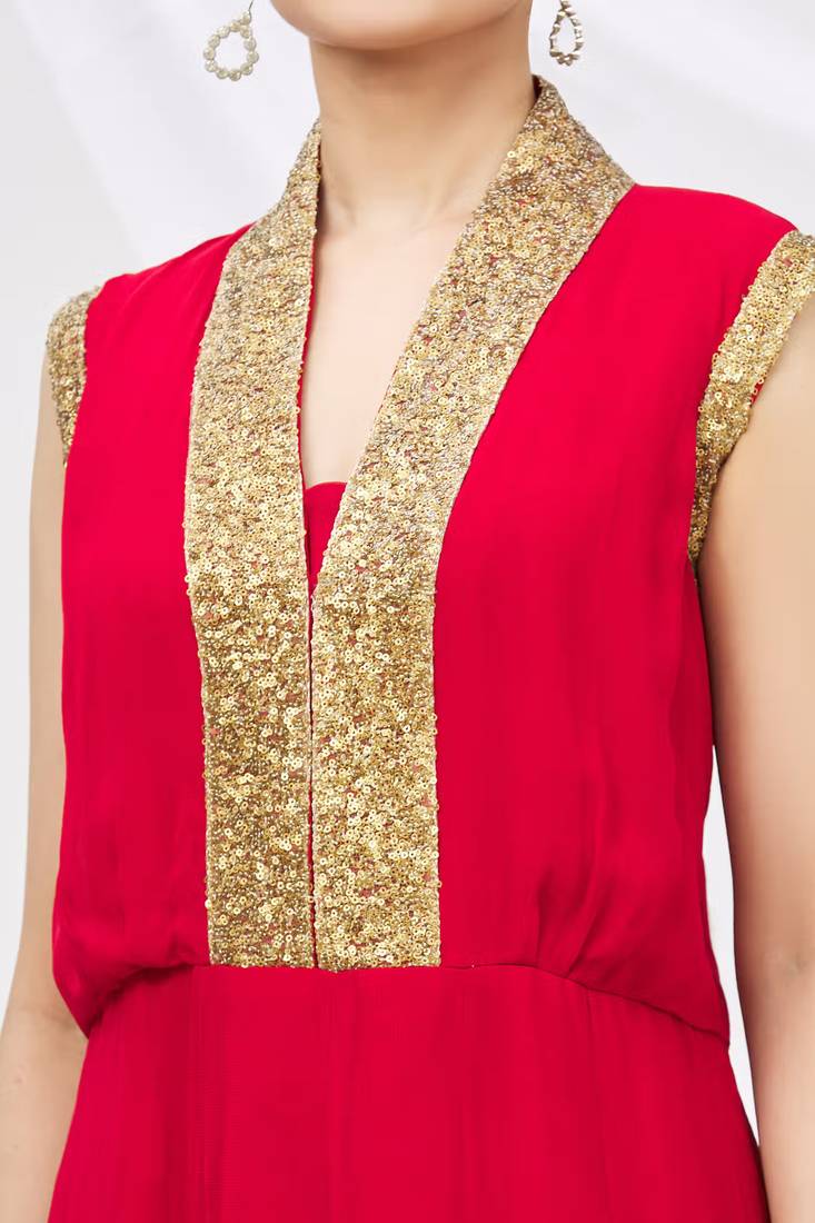 Red georgette anarkali dress with golden churidar