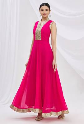 Pink georgette anarkali dress with golden churidar 1