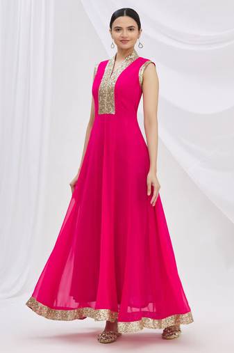 Pink georgette anarkali dress with golden churidar