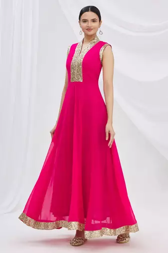 Pink georgette anarkali dress with golden churidar