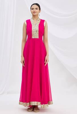 Pink georgette anarkali dress with golden churidar 2