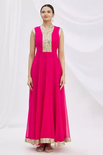 Pink georgette anarkali dress with golden churidar