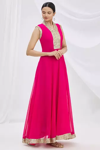 Pink georgette anarkali dress with golden churidar