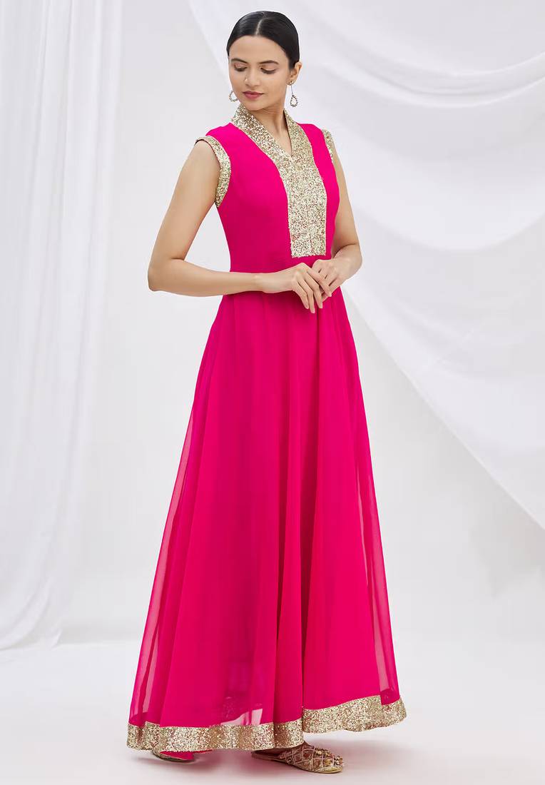 Pink georgette anarkali dress with golden churidar