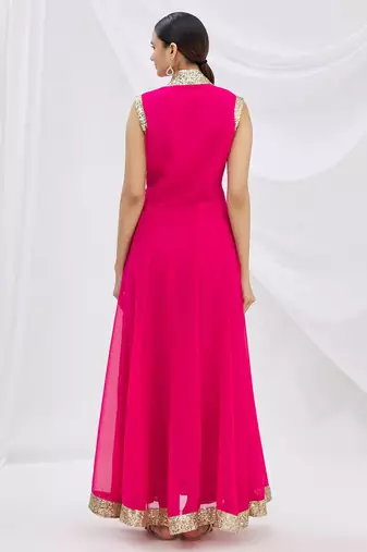 Pink georgette anarkali dress with golden churidar