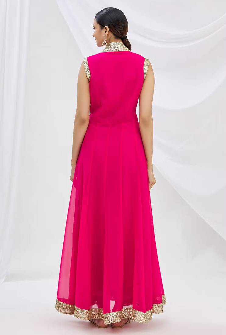 Pink georgette anarkali dress with golden churidar