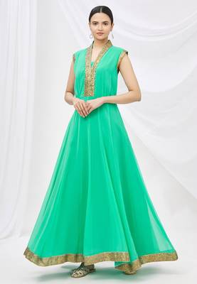 Green georgette anarkali dress with golden churidar 1