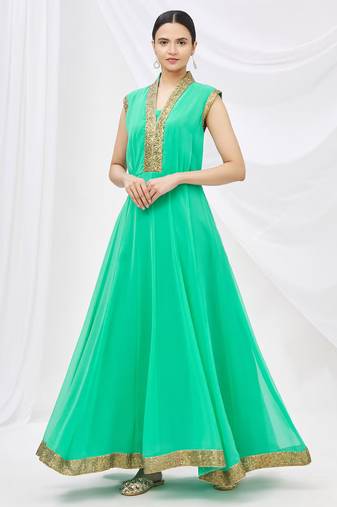 Green georgette anarkali dress with golden churidar