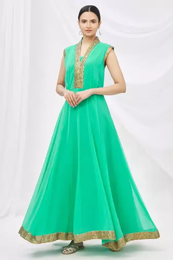 Green georgette anarkali dress with golden churidar